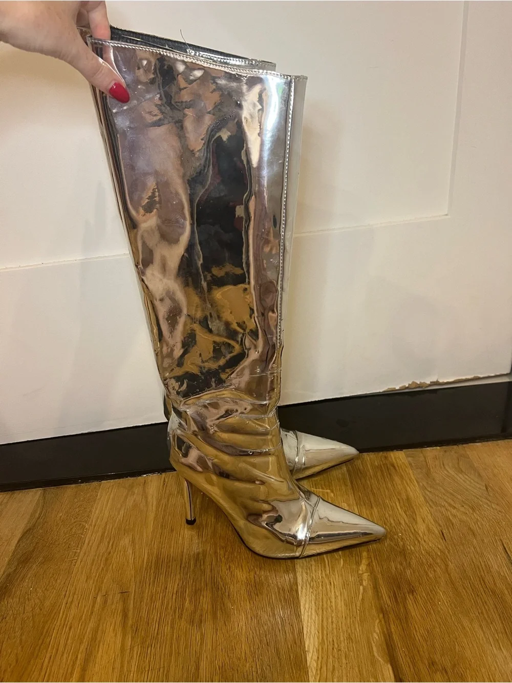 Metallic Silver Pointed-Toe Knee-High Stiletto Boots - Women